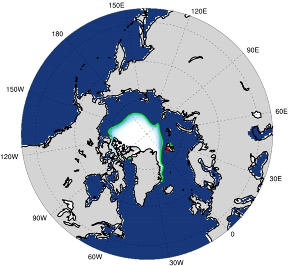 ▲中科院大氣物理研究所ANSO IAP-LASG北極海冰動力集合預(yù)測系統(tǒng)6月份發(fā)布的9月份北極海冰范圍預(yù)測，綠色實(shí)線為預(yù)測的北極海冰范圍，白色區(qū)域?yàn)楹１鶇^(qū)域。圖片來源：中國科學(xué)報(bào)